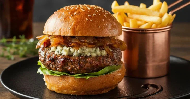 Hamburguesa de buey con cebolla caramelizada y queso de cabra